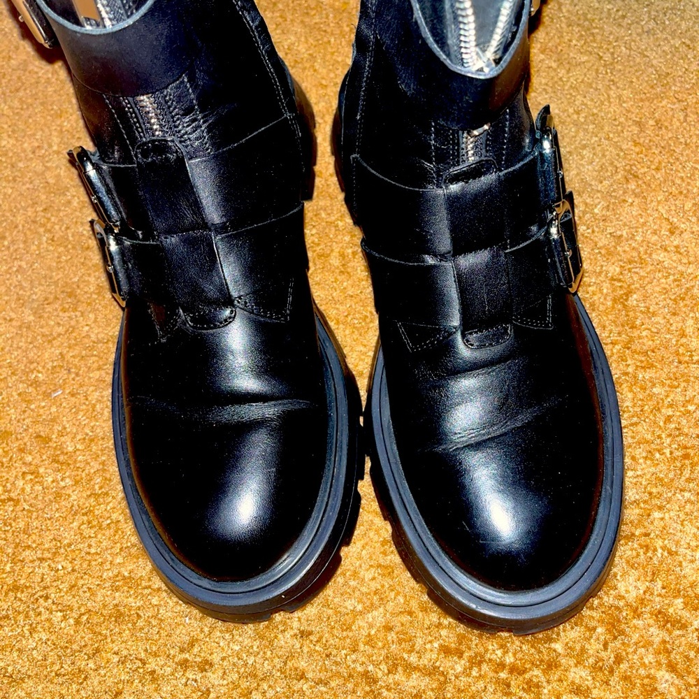 Zara black leather combat boots size 8 pre-owned